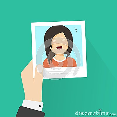 Hand holding paper photo frame with happy girl pic vector illustration flat cartoon style, concept of good time memory Vector Illustration