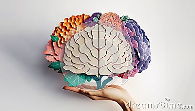 Hand holding papercut human brain with flowers and colors. Mental health conceptual banner. White background. Cartoon Illustration