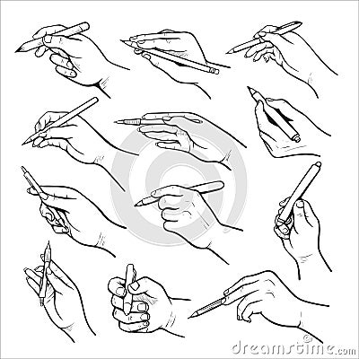 Hand holding pen black and white illustrations set Vector Illustration