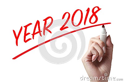 Hand holding a pen and writing year 2018. Stock Photo