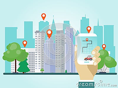 Hand holding phone with car sharing app vector illustration. Hands hold smartphone with location marks share auto in Vector Illustration