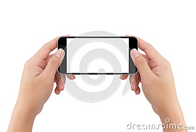 Hand holding phone isolated white background with c Stock Photo