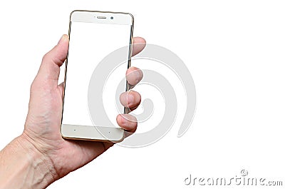 Hand holding a phone isolated on a white background, located to the left up Stock Photo