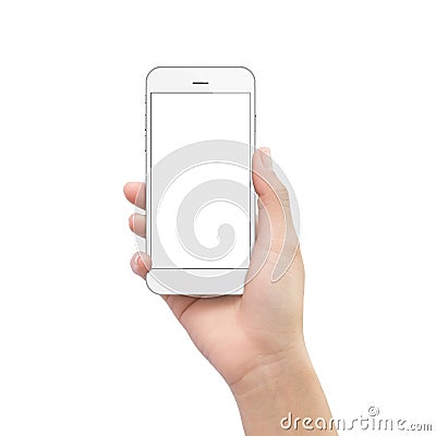 Hand holding phone isolated on white clipping path Stock Photo