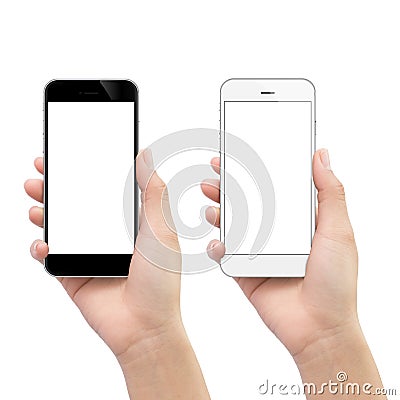 Hand holding phone isolated on white Stock Photo