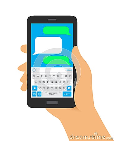 Hand Holding Phone with Keyboard Message Vector Illustration