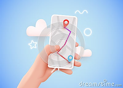 Hand holding phone with map and pointer. Mobile gps navigation and tracking concept. Background for web sites, banners Vector Illustration