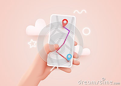 Hand holding phone with map and pointer. Mobile gps navigation and tracking concept. Background for web sites, banners Vector Illustration