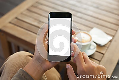 Hand holding phone mobile blank screen and finger touch Stock Photo