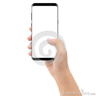 Hand holding phone mobile isolated on white background Stock Photo