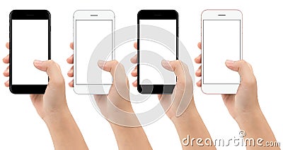 Hand holding phone mobile isolated on white background Stock Photo