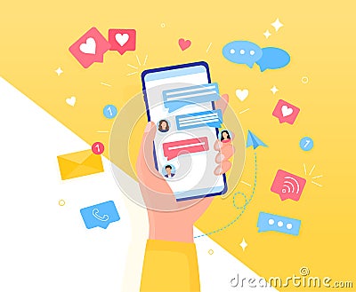 Colorful Chatting concept Hand holds a smartphone. Icons, text messages, messages, notifications fly out of the screen Vector Illustration