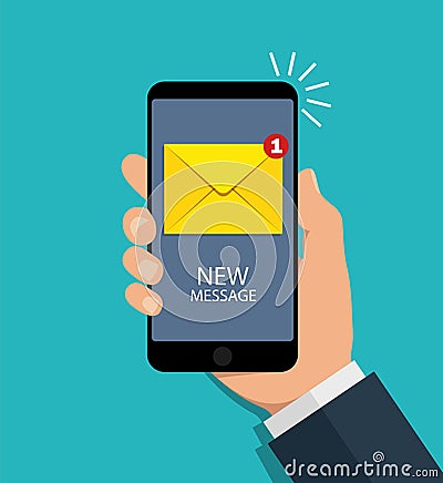 Hand holding phone with sms on screen. Cartoon mobile mockup with incoming email on isolated background. Flat cellphone icon with Vector Illustration