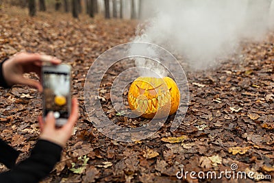 Hand holding phone and taking photo of pumpkin and leaf. instagram blogging concept. halloween or thanksgiving fall holiday. Stock Photo