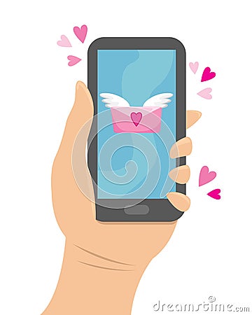 Hand holding the phone to which came a love message. Vector Illustration