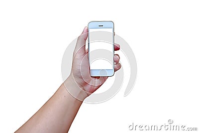 Hand holding phone with white screen isolated Stock Photo