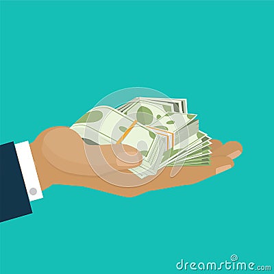 Hand holding pile of money dollar banknotes cartoon vector illustration. Symbol of wealth, success and good luck. Bank Vector Illustration