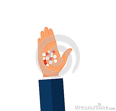 Hand holding pills. Colourful pills, drugs, vitamins in hand. Healthcare, coronavirus and medicine concept. Hand-drawn modern Vector Illustration