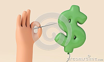 Hand holding a pin about to pop a dollar symbol balloon. 3D Rendering Stock Photo