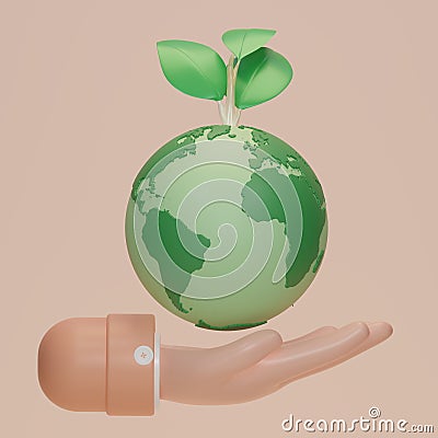 Hand holding planet earth and plant icon. Earth day symbol. Globe with sapling, Eco Save the world, Clean environment, Cartoon Illustration