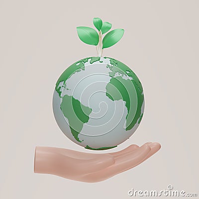 Hand holding planet earth and plant icon. Earth day symbol. Globe with sapling, Eco Save the world, Clean environment, Cartoon Illustration