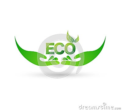 Hand holding plant with eco word, Leaf in hand icon, logo growth concept vector. Cartoon Illustration