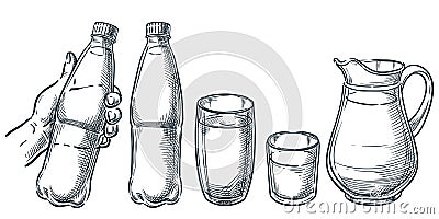 Hand holding plastic bottle with water. Pure mineral drinking water in glass cup and jug. Vector sketch illustration Vector Illustration