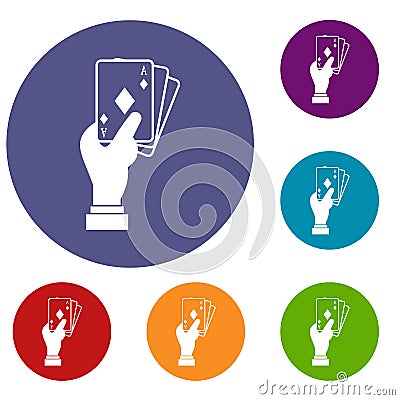 Hand holding playing cards icons set Vector Illustration