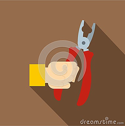 Hand holding pliers with red handles icon Vector Illustration