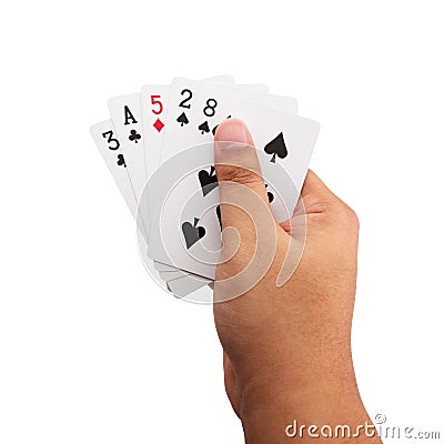 Hand holding poker cards on white background Stock Photo