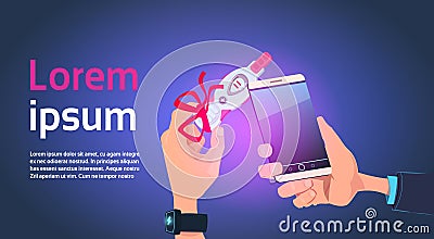 Hand Holding Positive Prenancy Test With Red Ribbon Bow And Smart Phone Over Template Background Vector Illustration