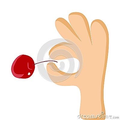 Hand holding red cherries, illustration design. Iconic elements for retro design. Cartoon Illustration