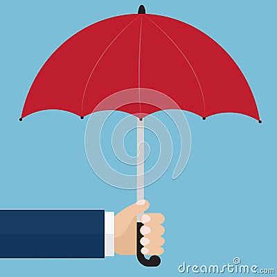 Hand holding a red umbrella. Protection concept. Vector illustration Vector Illustration
