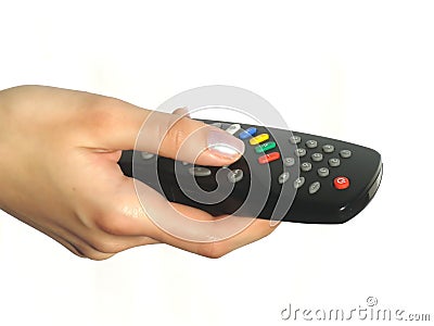 Hand holding remote control Stock Photo