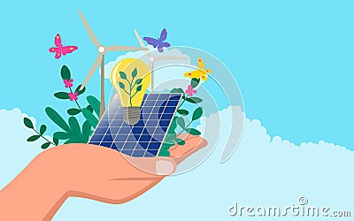 Hand holding renewable energy icons adorned with natures beauty Vector Illustration