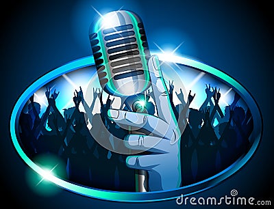 Hand holding Retro Mic/ Microphone in front of huge silhouetted crowd Vector Illustration