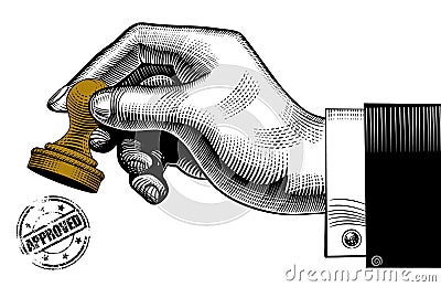 Hand holding a rubber stamp and round approved seal Vector Illustration