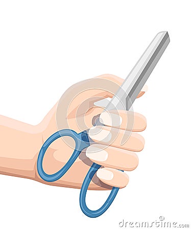 Hand holding scissors. Blue plastic handle and stainless steel. Flat vector illustration isolated on white background Cartoon Illustration