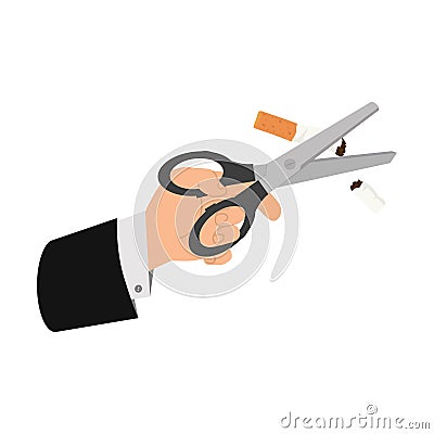 hand holding Scissors cutting half a tobacco cigarette Vector Illustration
