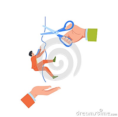 Hand Holding Scissors Symbolically Cuts The String Binding A Businessman, Causing Him To Fall Into The Waiting Hand Vector Illustration