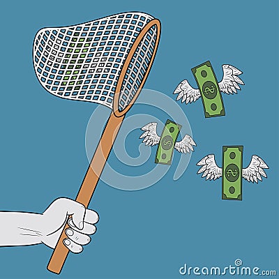 Hand holding scoop-net and catching flying winged dollars. Banknotes with wings goes to net. Concept of easy money. Vector. Vector Illustration