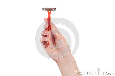 Hand holding shaving razor isolated on white background Stock Photo