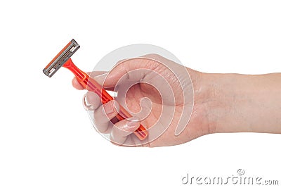 Hand holding shaving razor isolated on white background Stock Photo