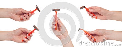Hand holding shaving razor isolated on white background. Set of multiple images Stock Photo