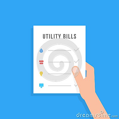 Hand holding sheet with utility bills Vector Illustration