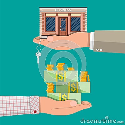 Hand holding shop or commercial property with key. Vector Illustration