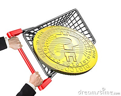 Hand holding shopping cart to carry question mark digital coin Stock Photo