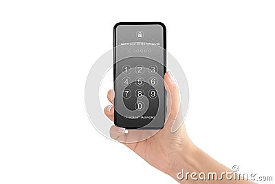 Hand holding and showing smartphone with passcode keypad for lock or unlock, login or enter password screen. Stock Photo
