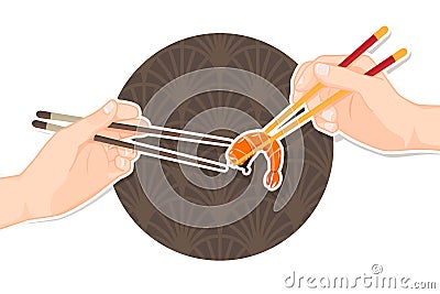 Hand holding shrimp with chopsticks, Chopstick vector Stock Photo