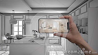 Hand holding smart phone, AR application, simulate furniture and interior design products in real home, architect designer concept Stock Photo